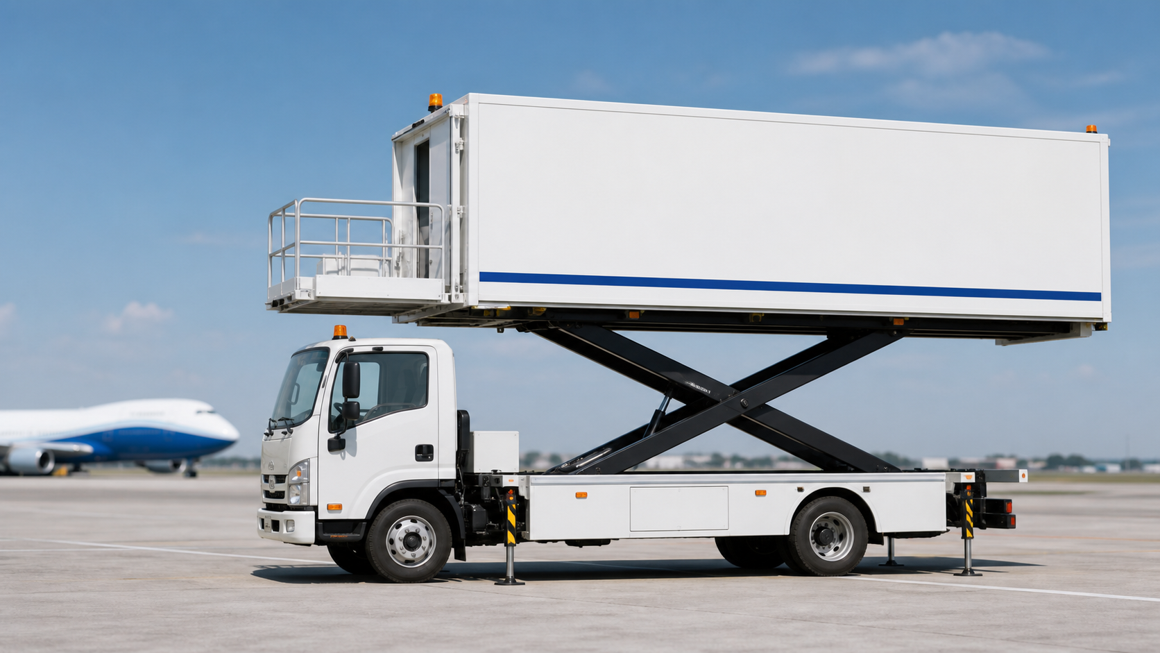Airline catering lift truck raised beside a passenger jet on an airport tarmac